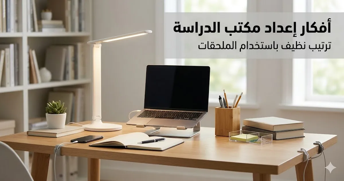 أفكار إعداد مكتب دراسة نظيف باستخدام ملحقات للتنظيم والإضاءة والتحكم بالكابلات