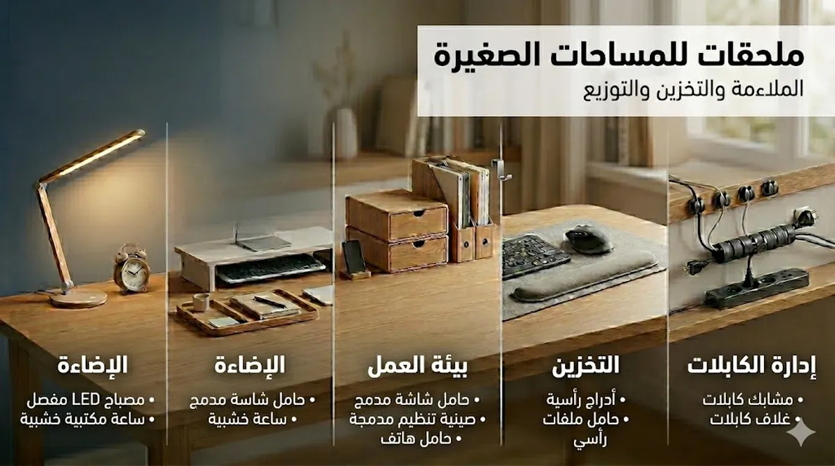 ملحقات مدمجة لمكتب الدراسة موضوعة في مساحة صغيرة مع تخزين وتنظيم
