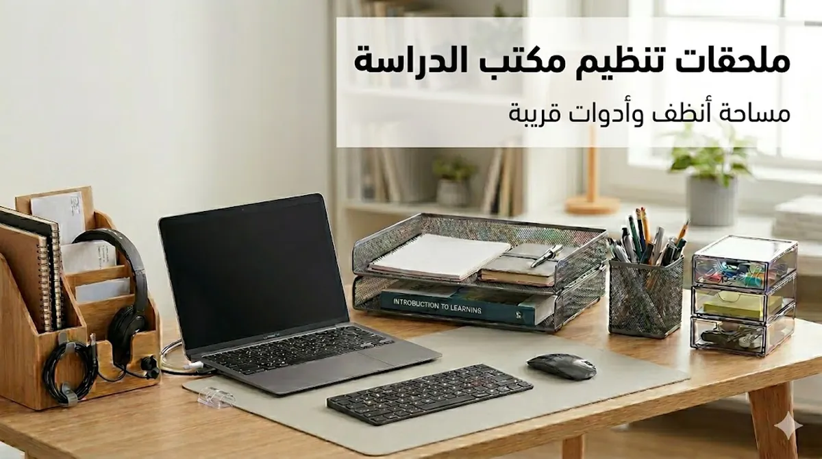 ملحقات تنظيم مكتب الدراسة مرتبة لتقليل الفوضى وإبقاء الأدوات في متناول اليد
