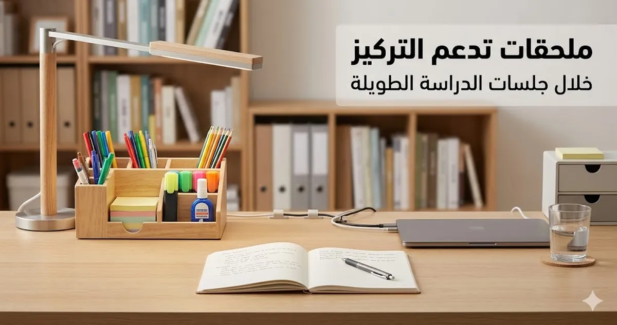 ملحقات مكتب الدراسة مرتبة لدعم التركيز خلال جلسة دراسة طويلة