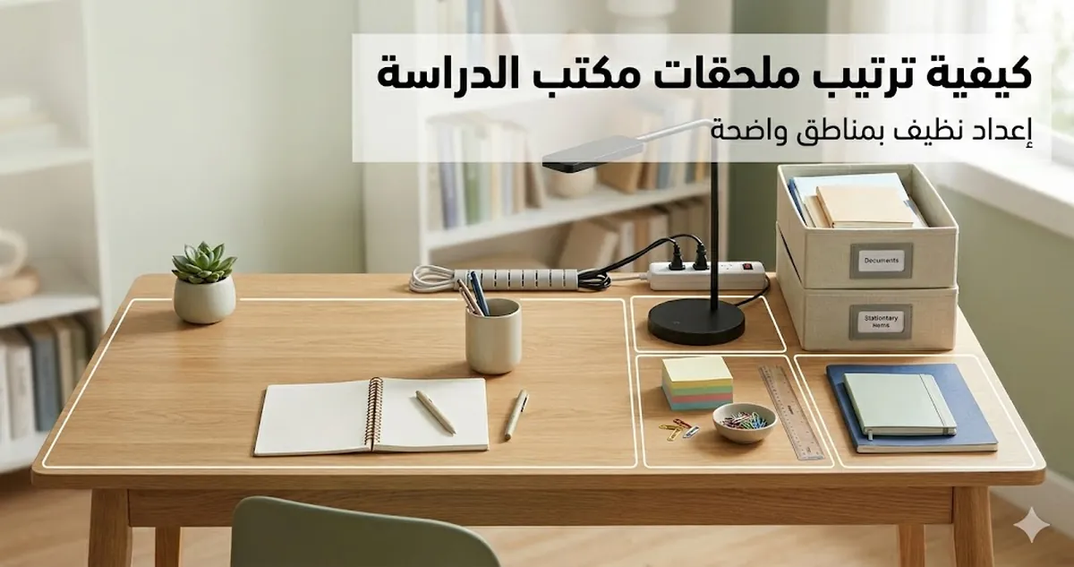 ملحقات مكتب الدراسة مرتبة في مناطق واضحة لإعداد نظيف وسهل الاستخدام
