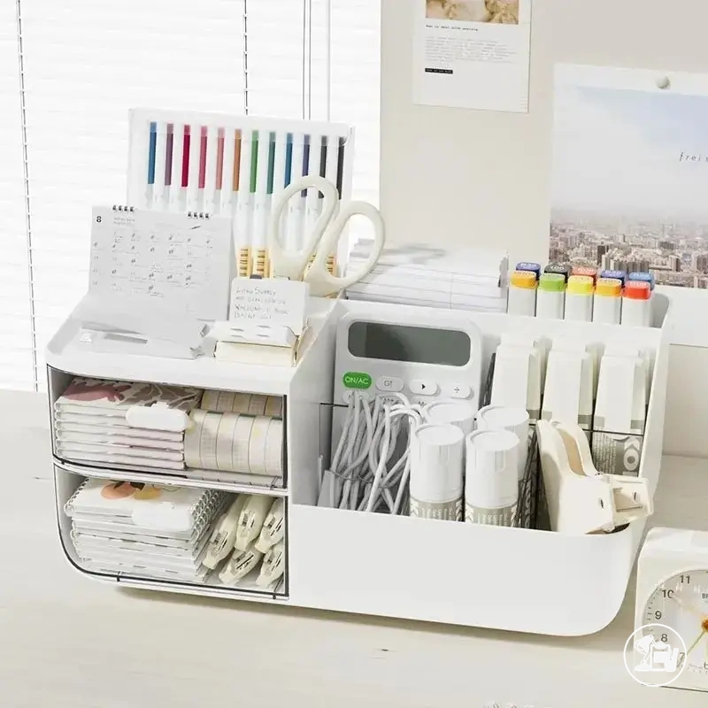 Schreibtisch-Organizer mit transparenten Schubladen und Stiftehalter