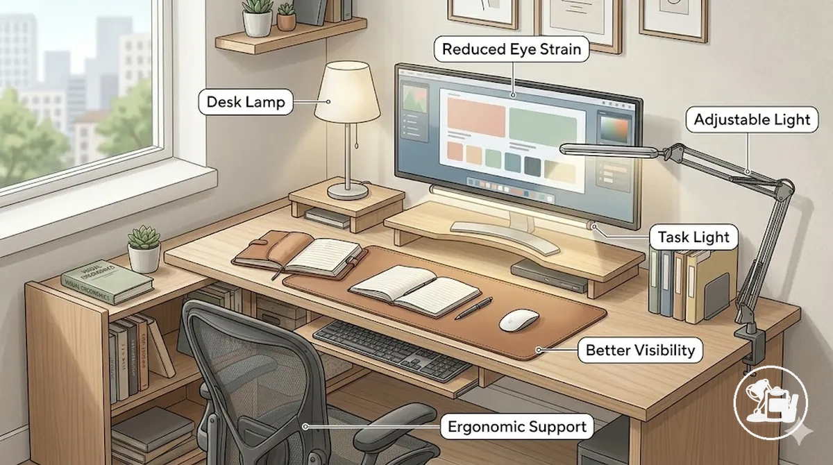 Beleuchtungs- und Arbeitsunterstützungszubehör auf einem Schreibtisch
