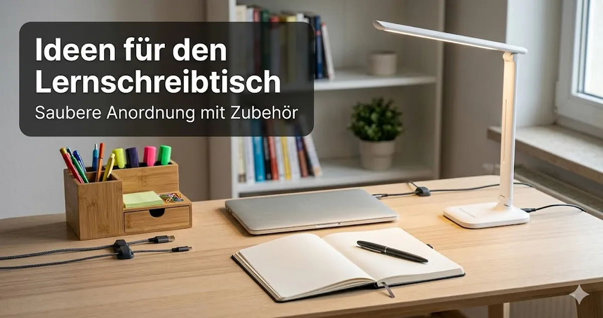 Ideen für einen sauberen Lernschreibtisch mit Zubehör für Ordnung, Beleuchtung und Kabelkontrolle