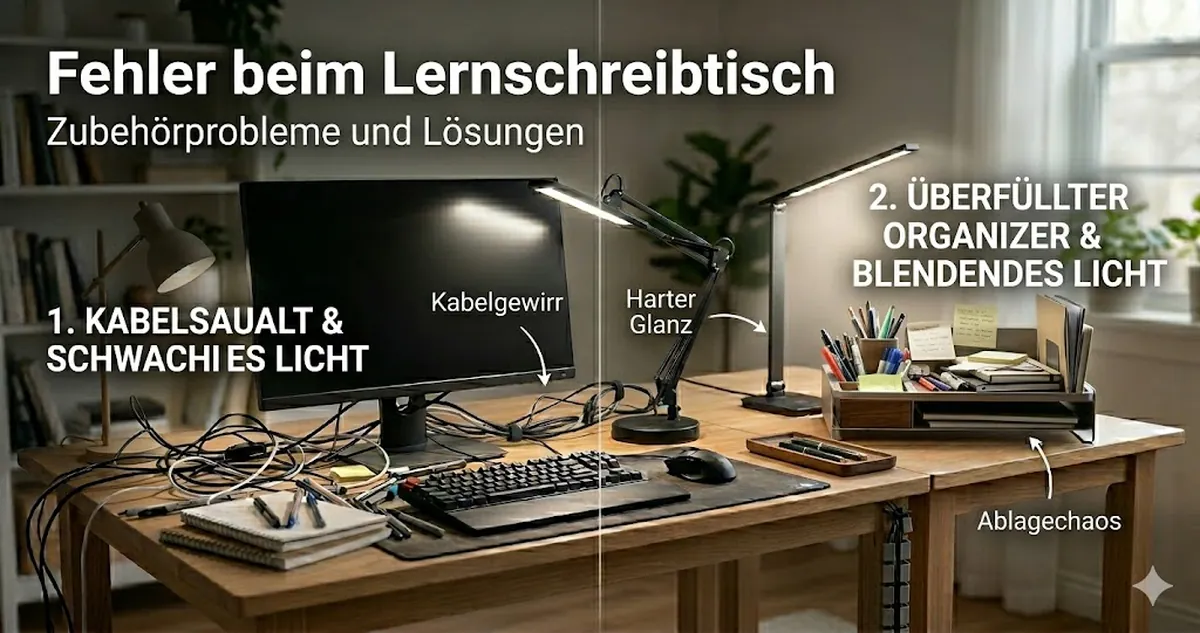 Häufige Fehler bei Schreibtischzubehör fürs Lernen mit Kabelgewirr, schlechter Beleuchtung und überfüllter Aufbewahrung