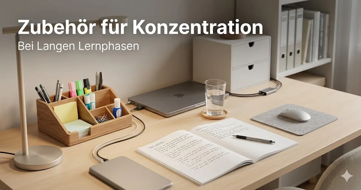 Schreibtischzubehör fürs Lernen, angeordnet zur Unterstützung der Konzentration während einer langen Lernphase