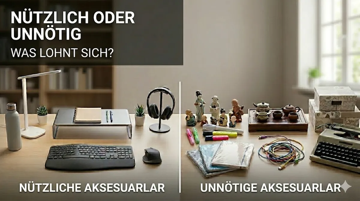 Nützliches und unnötiges Schreibtischzubehör fürs Lernen auf einem aufgeräumten Schreibtisch verglichen