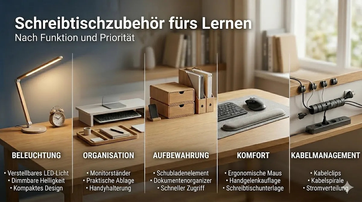Zentrales Schreibtischzubehör fürs Lernen gruppiert nach Beleuchtung, Ordnung, Aufbewahrung, Komfort und Kabelkontrolle