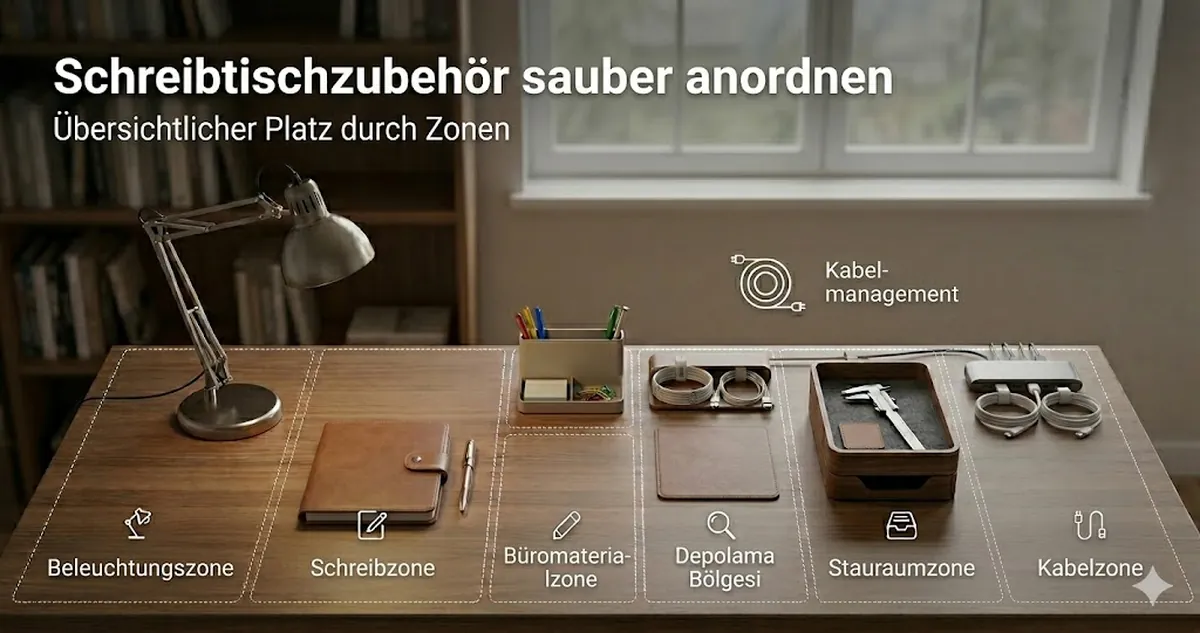 Schreibtischzubehör fürs Lernen in Zonen angeordnet für einen sauberen und einfach bedienbaren Arbeitsplatz