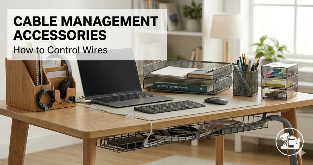 Study desk cable management accessories used to control wires under and behind a desk