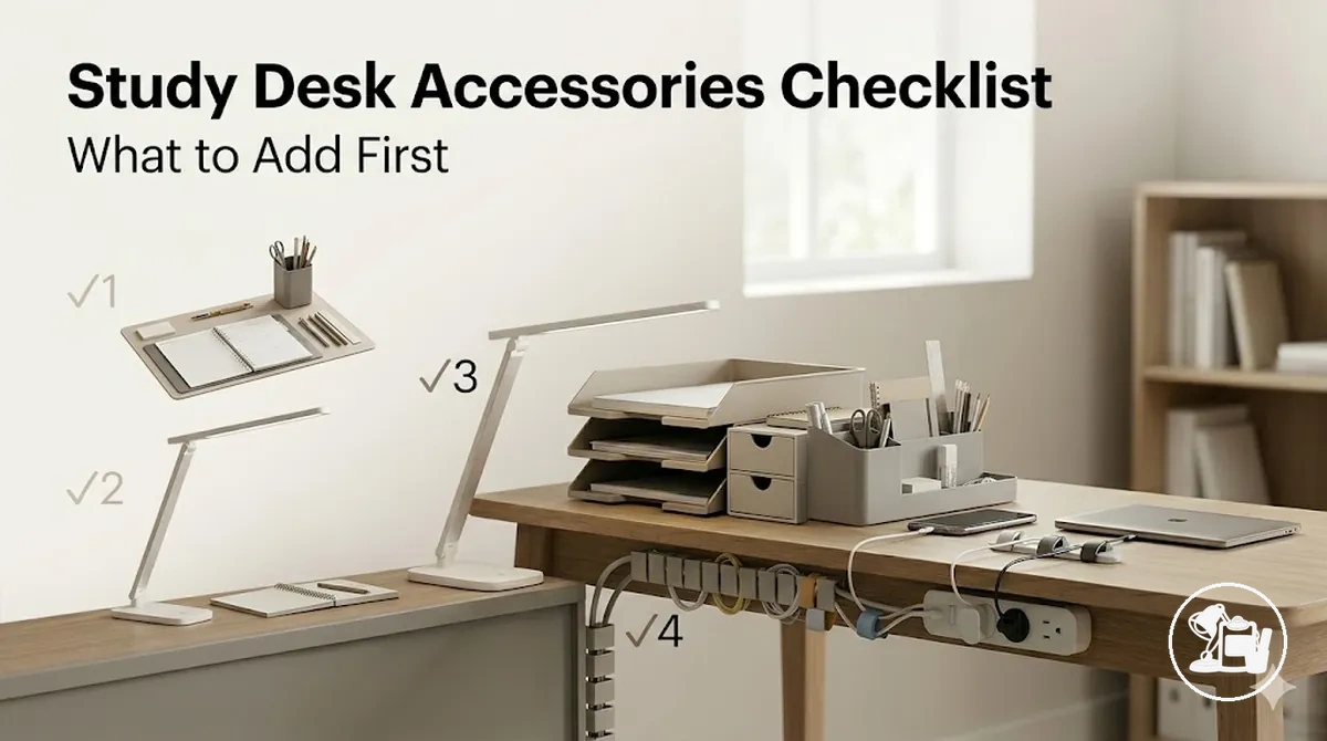 Checklist-style arrangement of study desk accessories prioritized for a functional desk setup