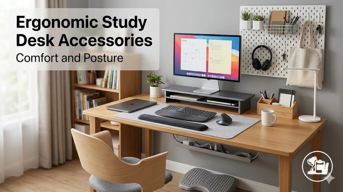 Ergonomic study desk accessories positioned for comfort, posture, and better desk use