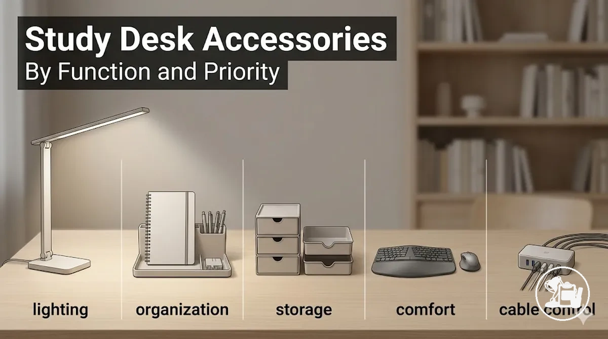 Essential study desk accessories grouped by lighting, organization, storage, comfort, and cable control