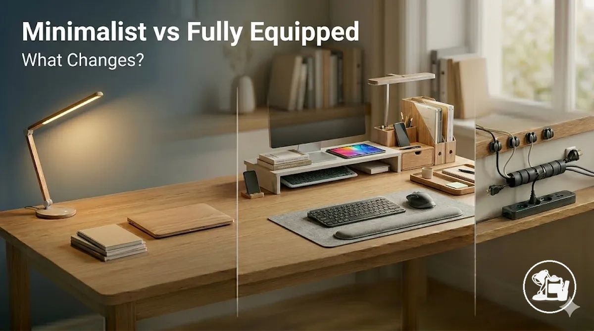 Minimalist and fully equipped study desk accessories compared through two different desk layouts