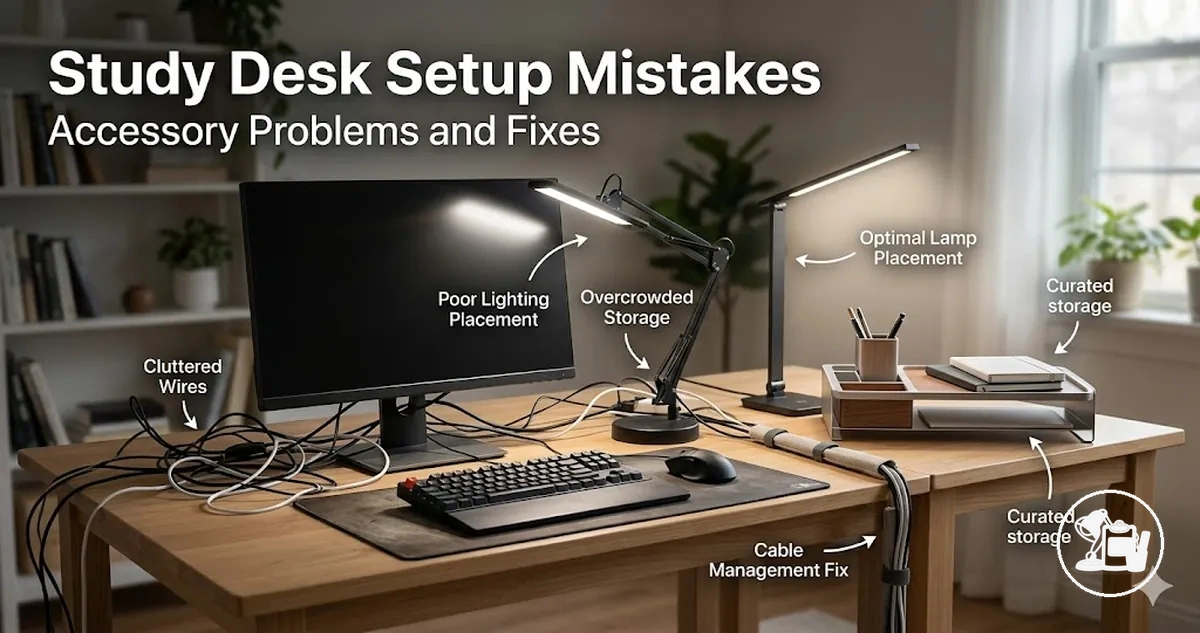 Common study desk accessory mistakes shown through cluttered wires, poor lighting, and crowded storage