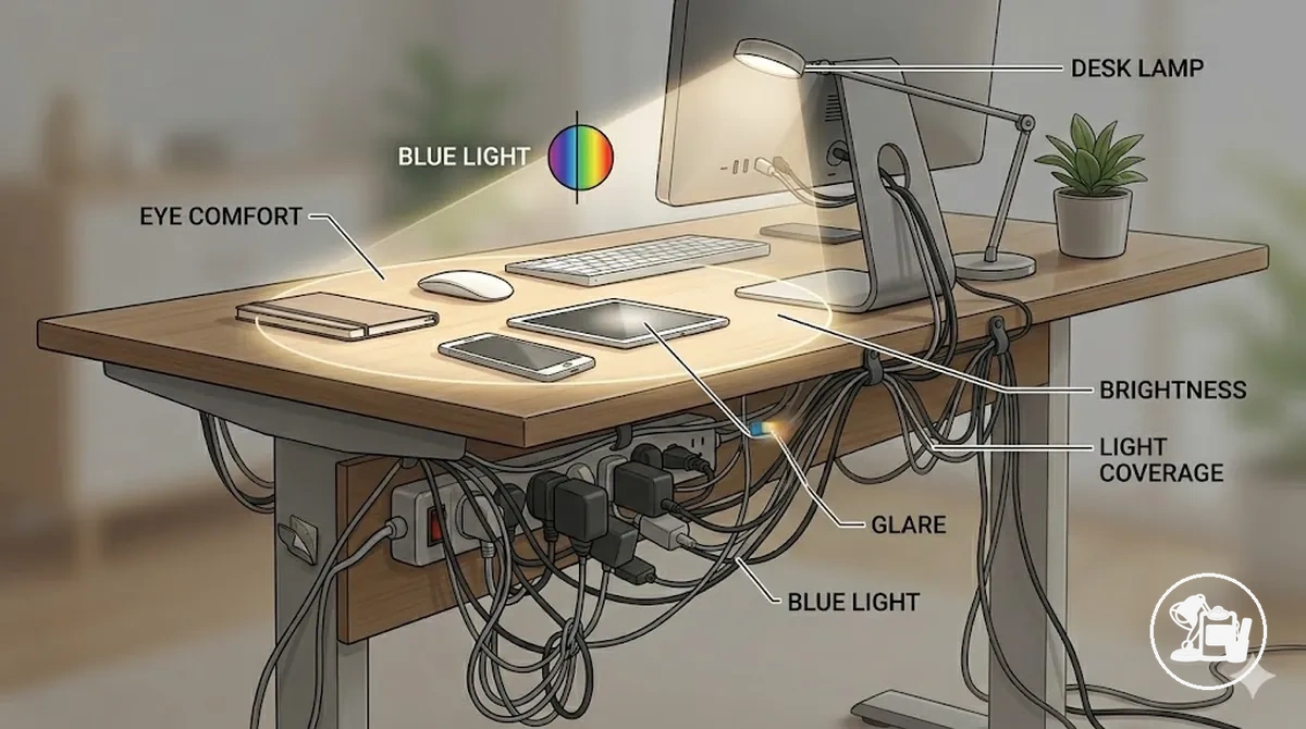 Proper desk lamp placement illustrating brightness, glare, and eye comfort