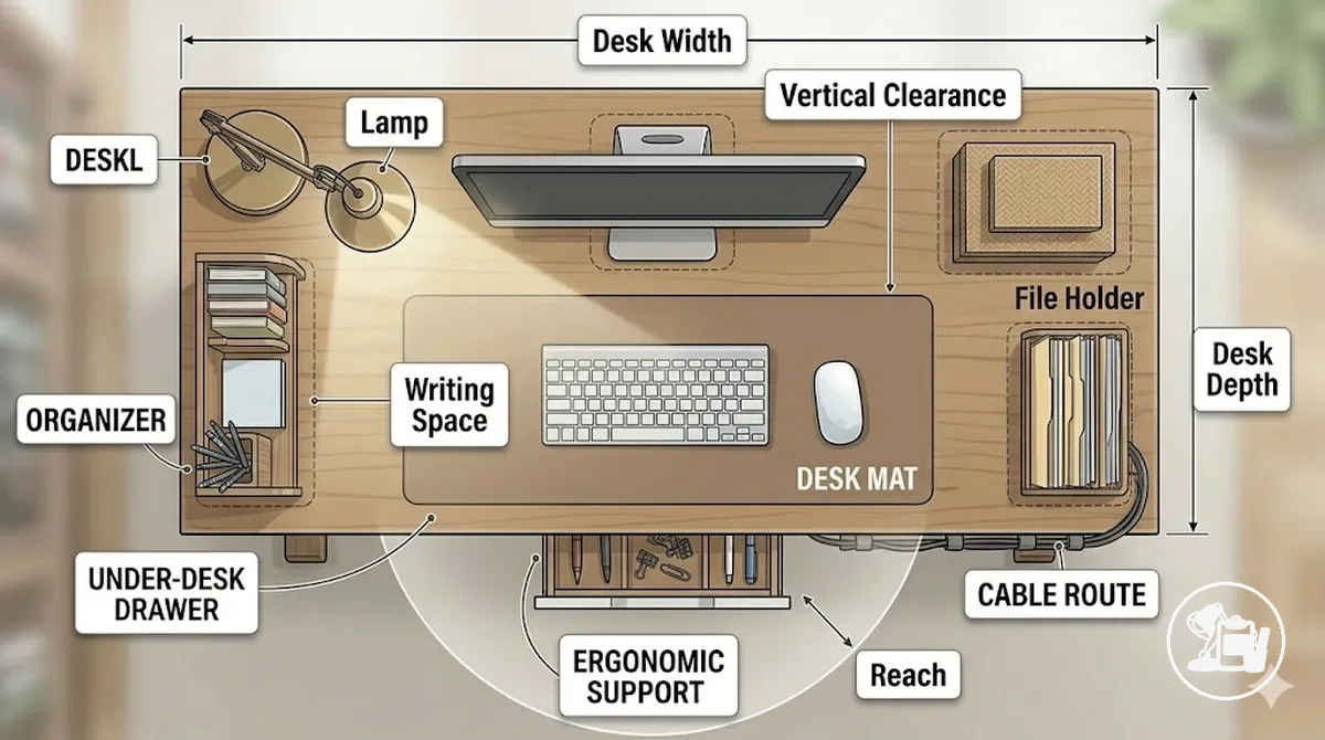 Desk layout diagram showing accessory footprint, clearance, and working area.