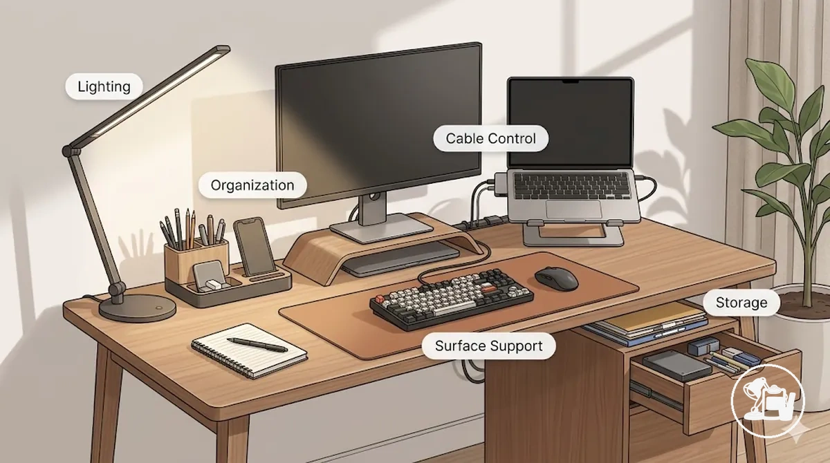 Annotated study desk highlighting lighting, organization, storage, cable management, and surface support zones