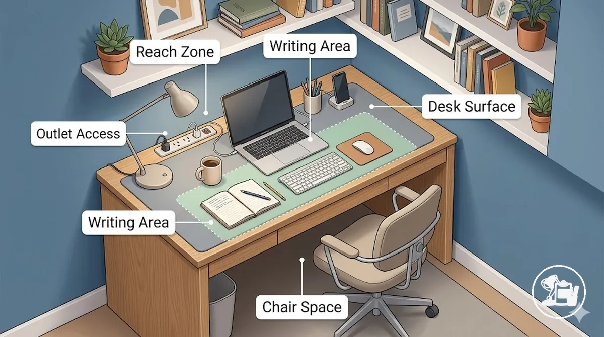 Desk illustrating key space constraints and fit considerations for small study accessories
