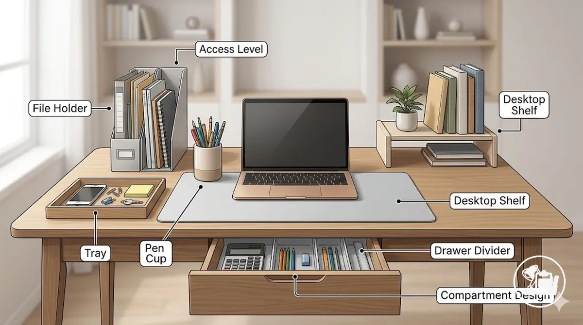 Study desk accessories showing trays, pen cups, drawer dividers, file holders, and desktop shelves with labeled functions