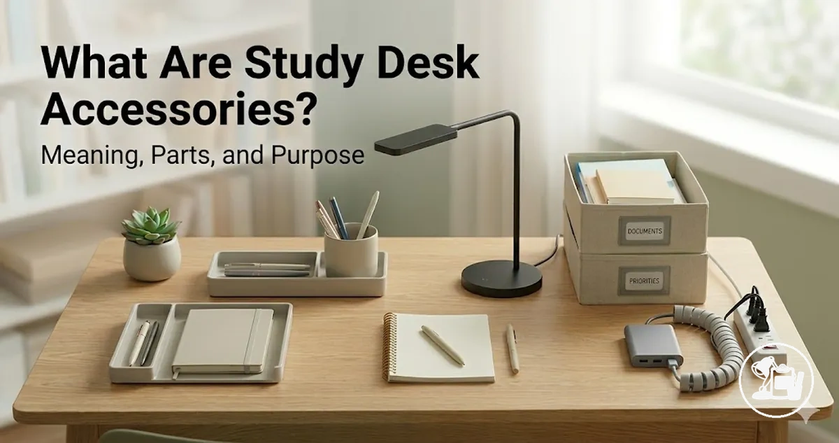 Basic study desk setup accessories showing organizers, lighting, storage, and cable control items