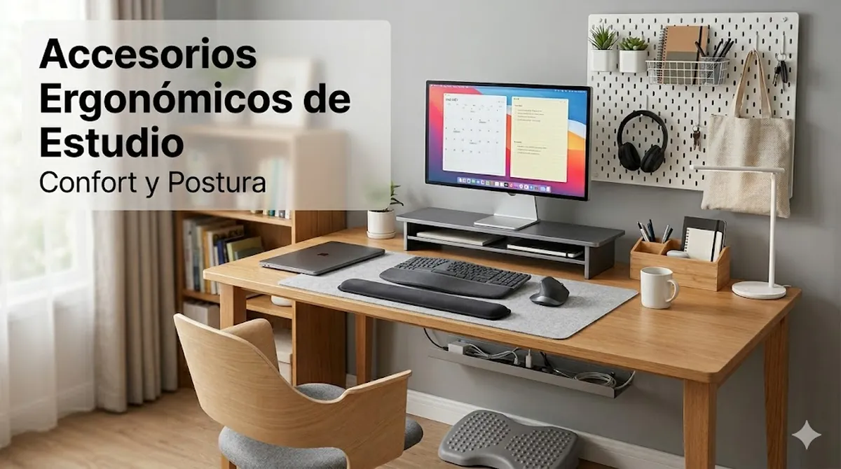 Accesorios ergonómicos para escritorio de estudio colocados para mejorar el confort y la postura