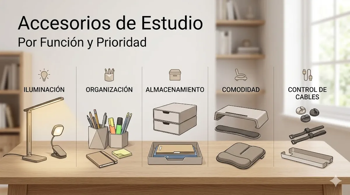 Accesorios esenciales para escritorio de estudio agrupados por iluminación, organización, almacenamiento, confort y cables
