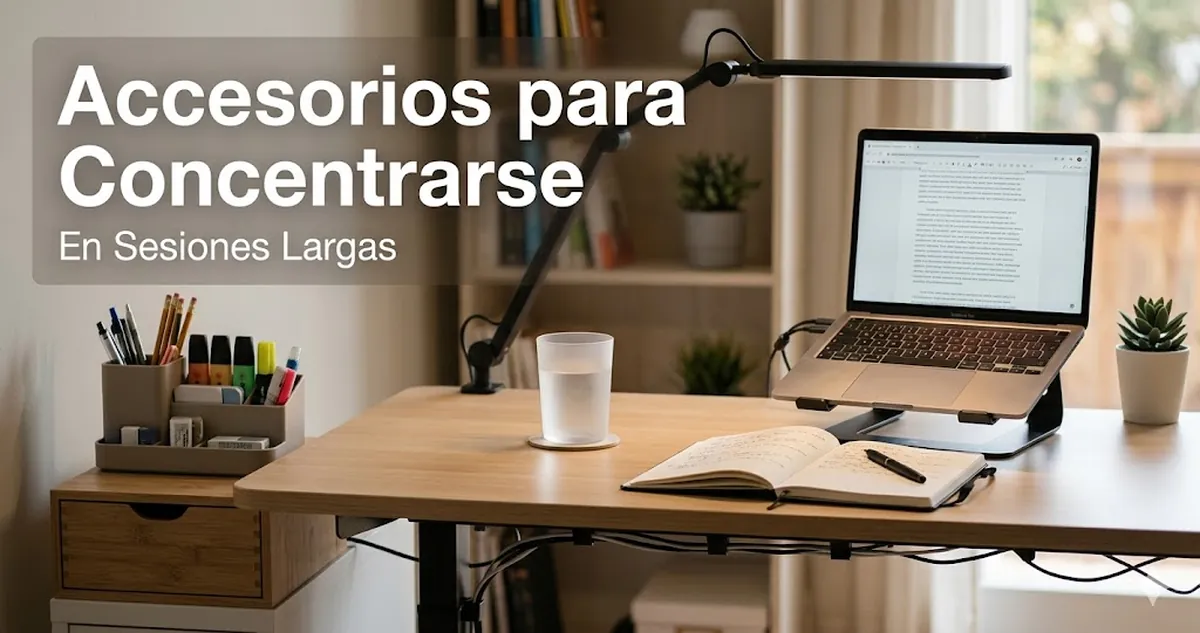 Accesorios para escritorio de estudio colocados para favorecer la concentración durante una sesión larga