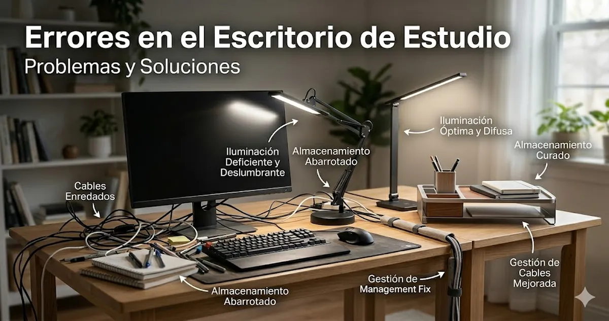 Errores comunes con accesorios de escritorio de estudio, como cables desordenados, mala iluminación y almacenamiento saturado