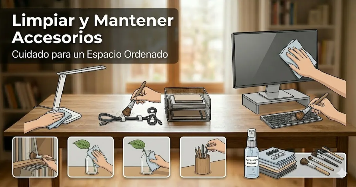 Accesorios para escritorio de estudio limpiados y mantenidos para conservar un espacio ordenado