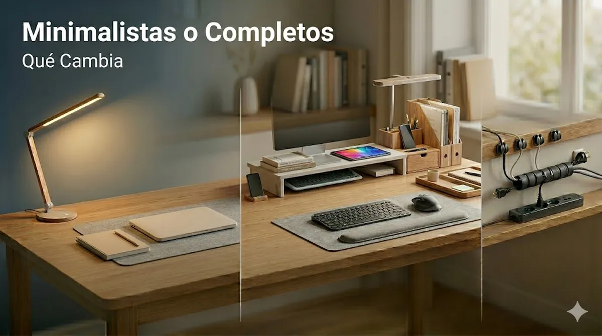 Comparación entre accesorios minimalistas y completos para escritorio de estudio en dos distribuciones distintas