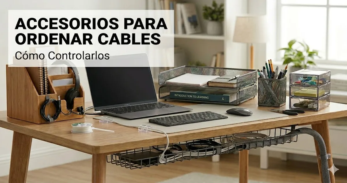 Accesorios para ordenar cables en el escritorio de estudio debajo y detrás del escritorio