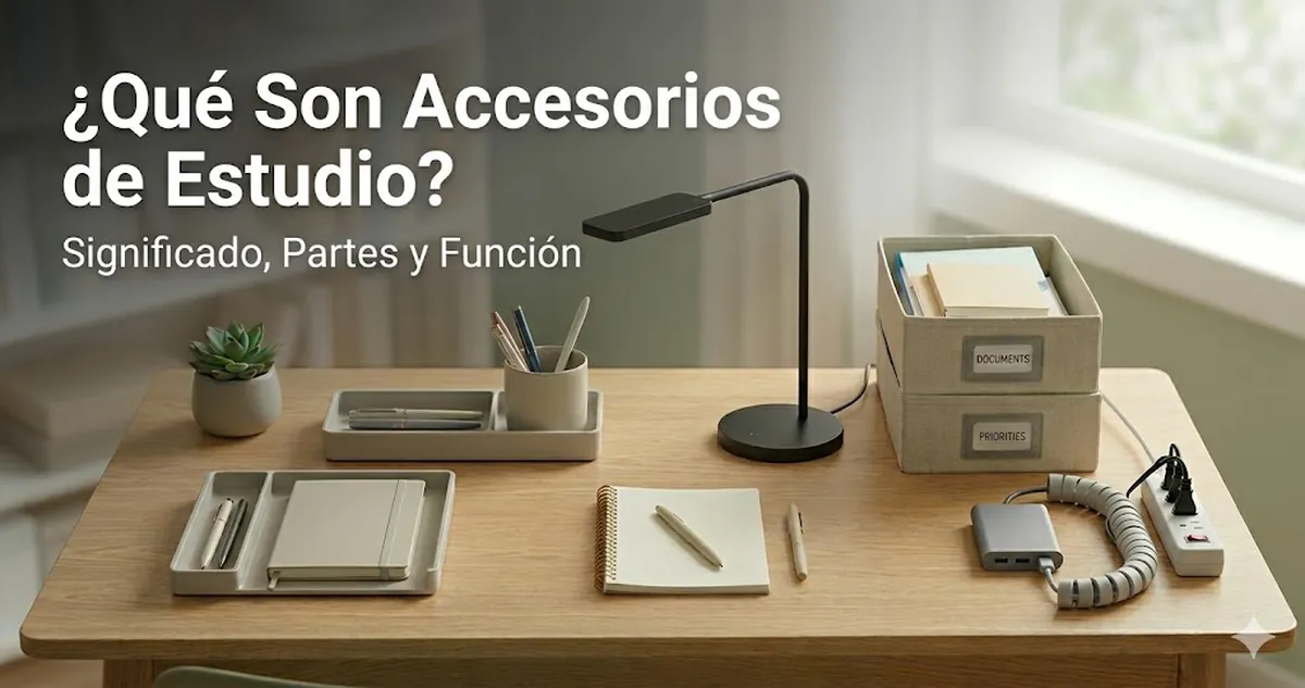 Accesorios básicos para escritorio de estudio con organizadores, iluminación, almacenamiento y control de cables