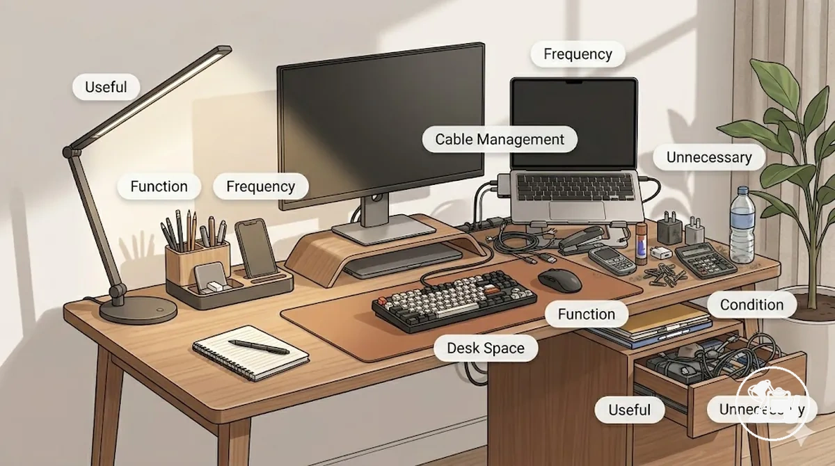 Comparación de accesorios útiles e innecesarios para escritorio de estudio que destaca la función y la gestión del espacio