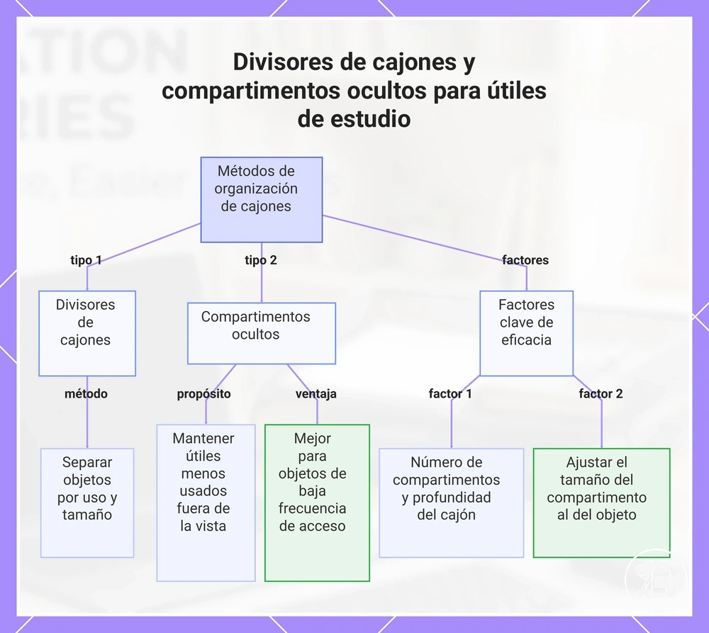 Divisores de cajones y compartimentos ocultos para útiles de estudio