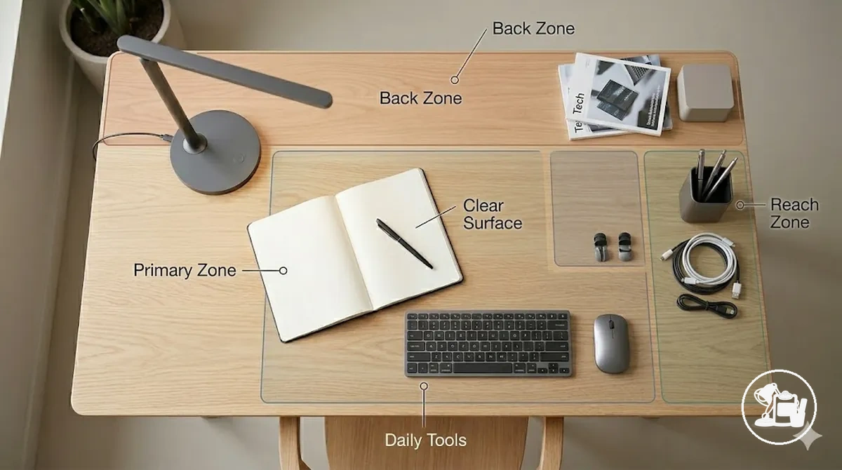 Ilustración de escritorio anotada que muestra la zona de trabajo primaria, la zona de alcance y las zonas traseras o laterales con accesorios de escritorio agrupados y superficie de trabajo despejada
