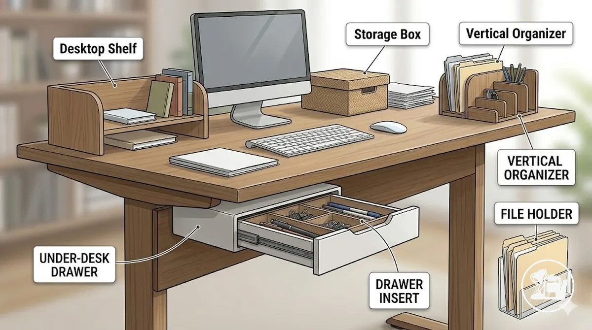 Accesorios de almacenamiento para escritorio de estudio que incluyen estanterías, cajones, cajas, organizadores verticales y materiales de estudio