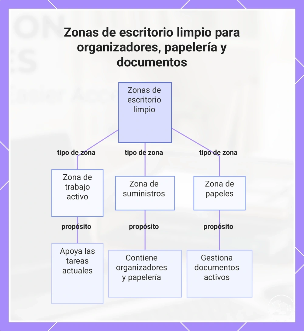 Zonas de escritorio limpio para organizadores, papelería y documentos