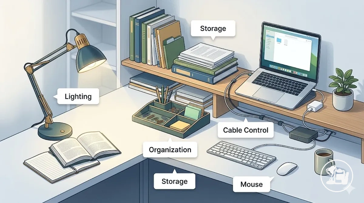 Bureau d’étude organisé montrant l’éclairage, le rangement, la gestion des câbles et les accessoires d’organisation