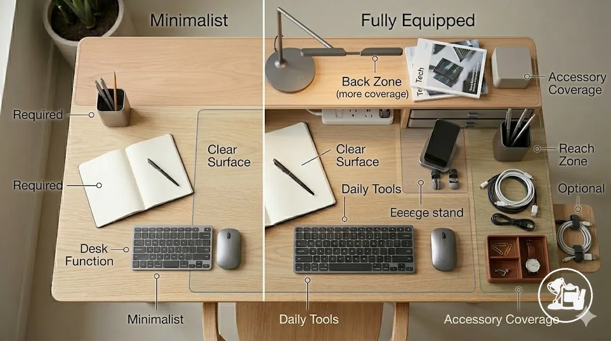 Comparaison illustrant ce qui compte comme accessoires de bureau minimalistes et complets, mettant en évidence les accessoires requis et optionnels, la fonction du bureau et la couverture des accessoires.