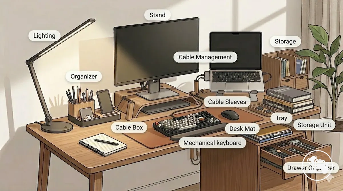 Bureau d’étude montrant des organiseurs, des unités de rangement, des plateaux et des accessoires de gestion des câbles