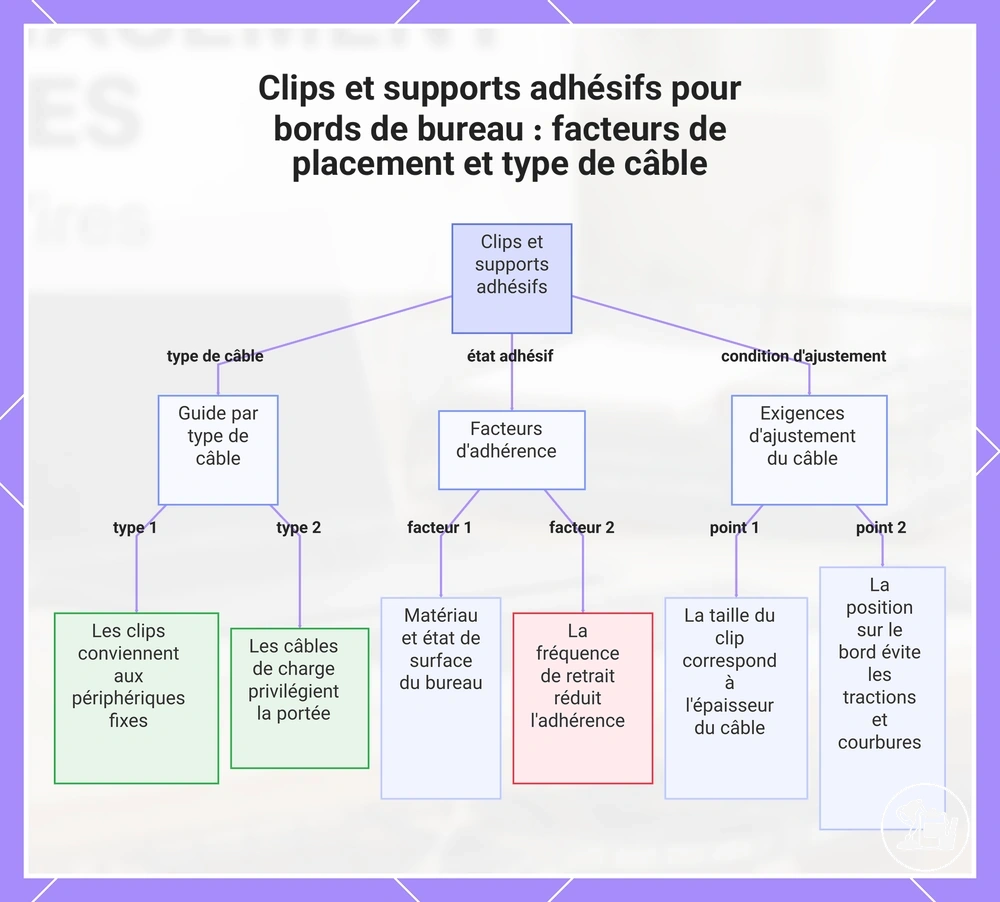 Clips et supports adhésifs pour bords de bureau : facteurs de placement et type de câble