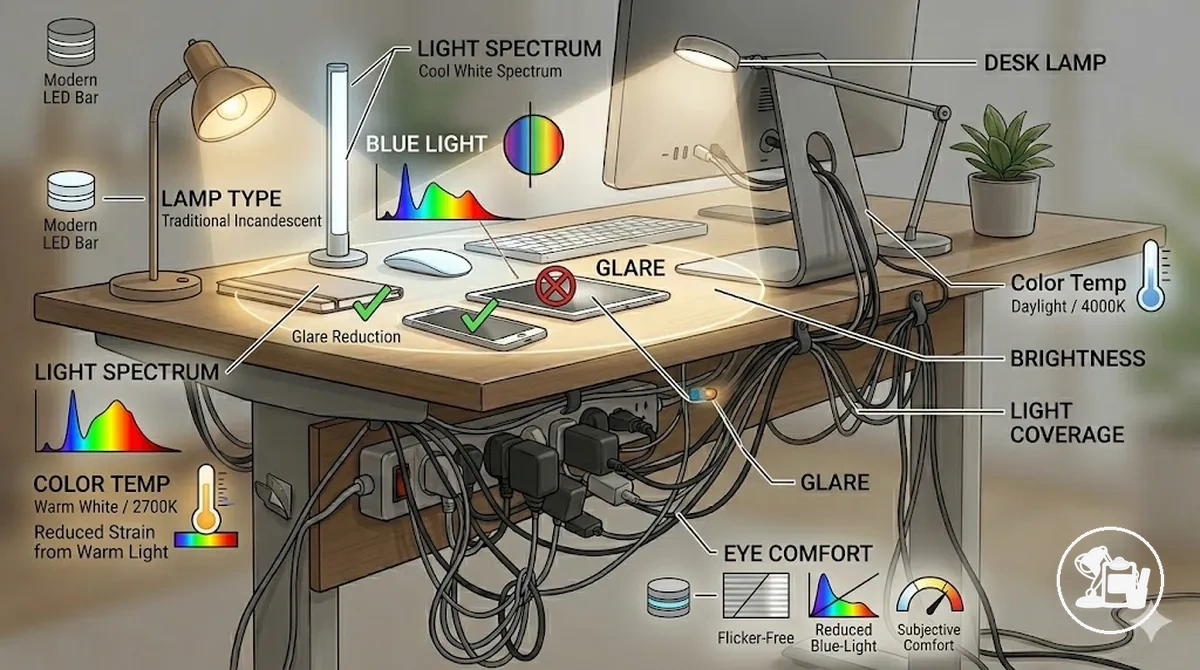 Diagramme montrant les effets du type de lampe, de la luminosité et de la température de couleur sur le confort oculaire