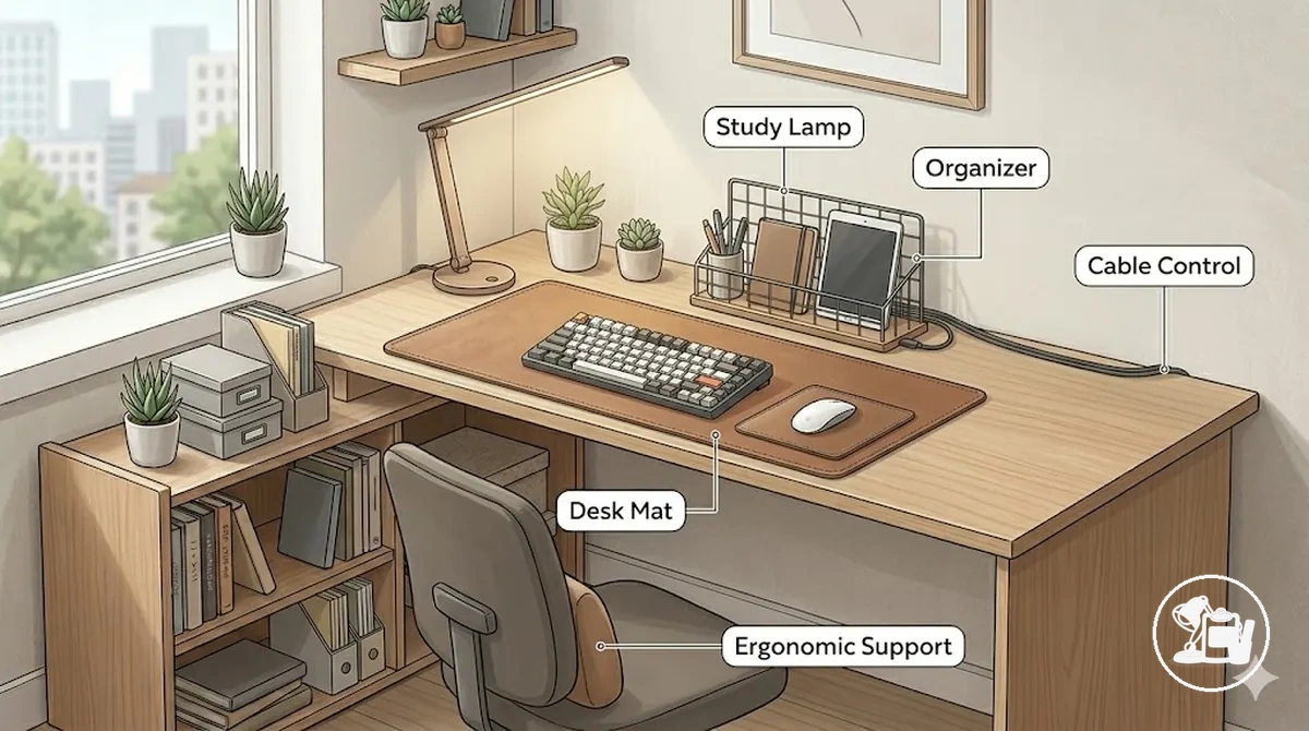 Accessoires essentiels pour bureau d’étude regroupés par fonction sur un bureau.