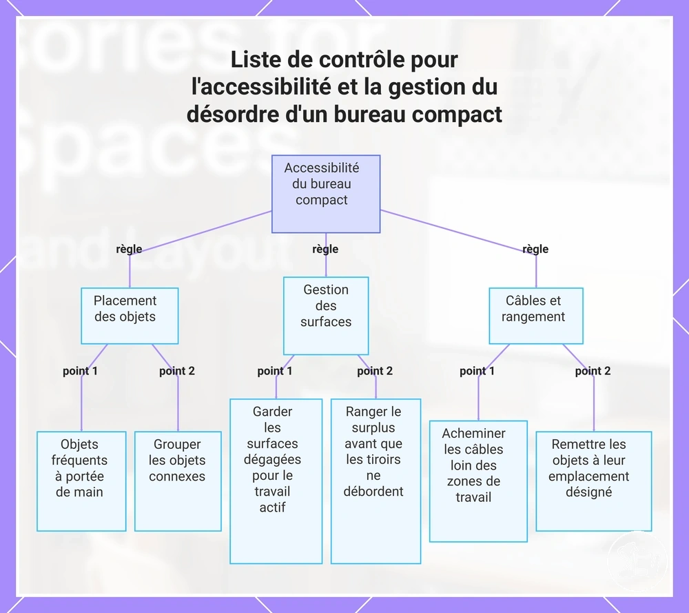 Liste de contrôle pour l'accessibilité et la gestion du désordre d'un bureau compact