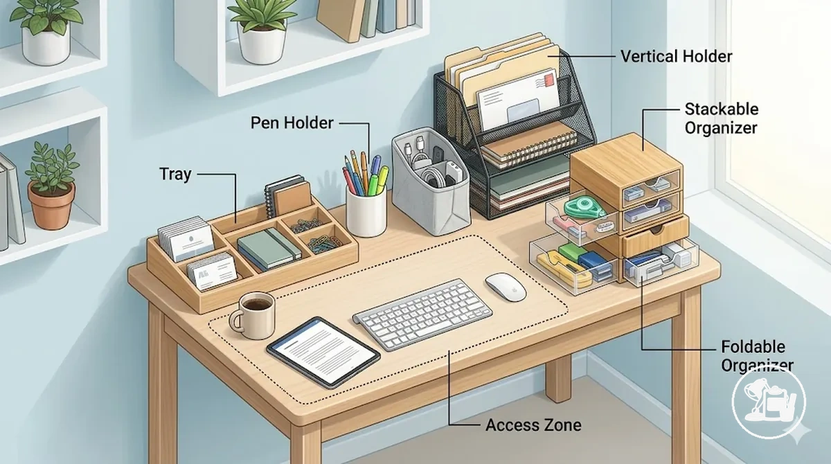 Organiseurs de bureau variés disposés pour optimiser l’espace et l’accessibilité sur un petit bureau d’étude