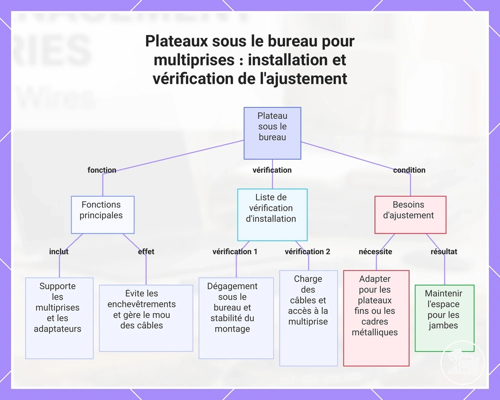 Plateaux sous le bureau pour multiprises : installation et vérification de l'ajustement