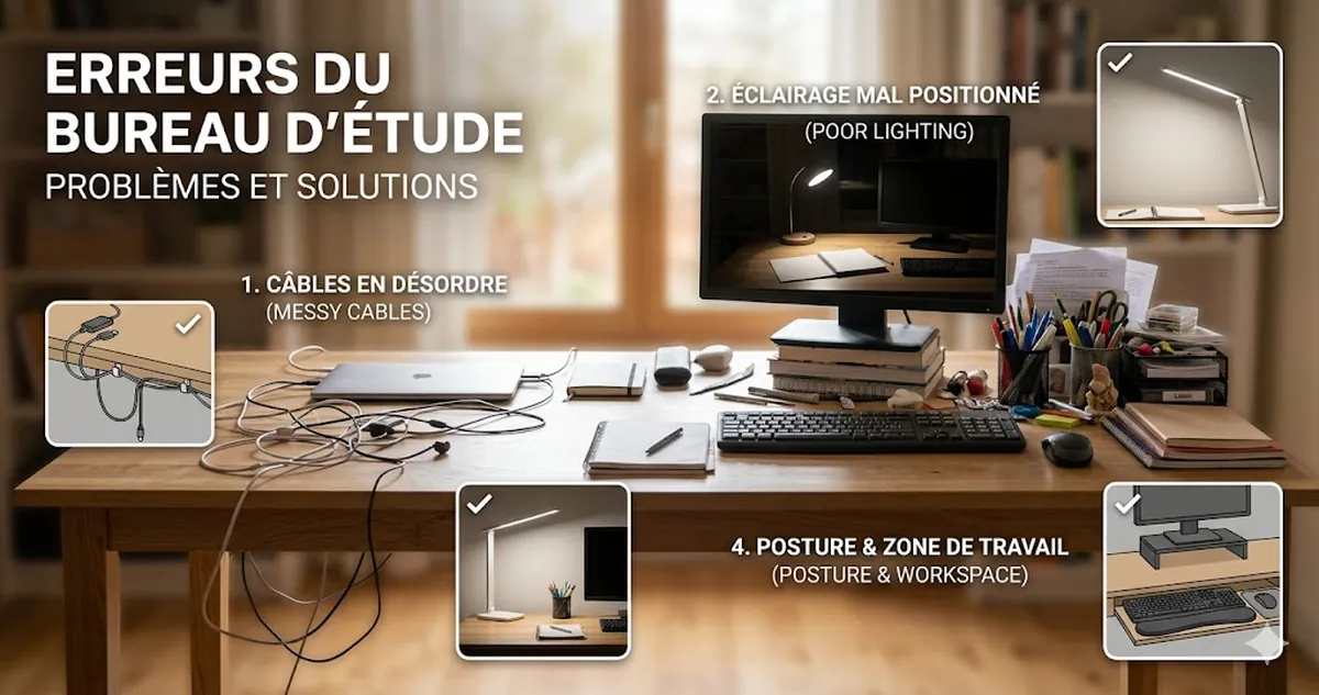 Erreurs courantes avec les accessoires de bureau d’étude, comme des câbles désordonnés, un mauvais éclairage et un rangement saturé