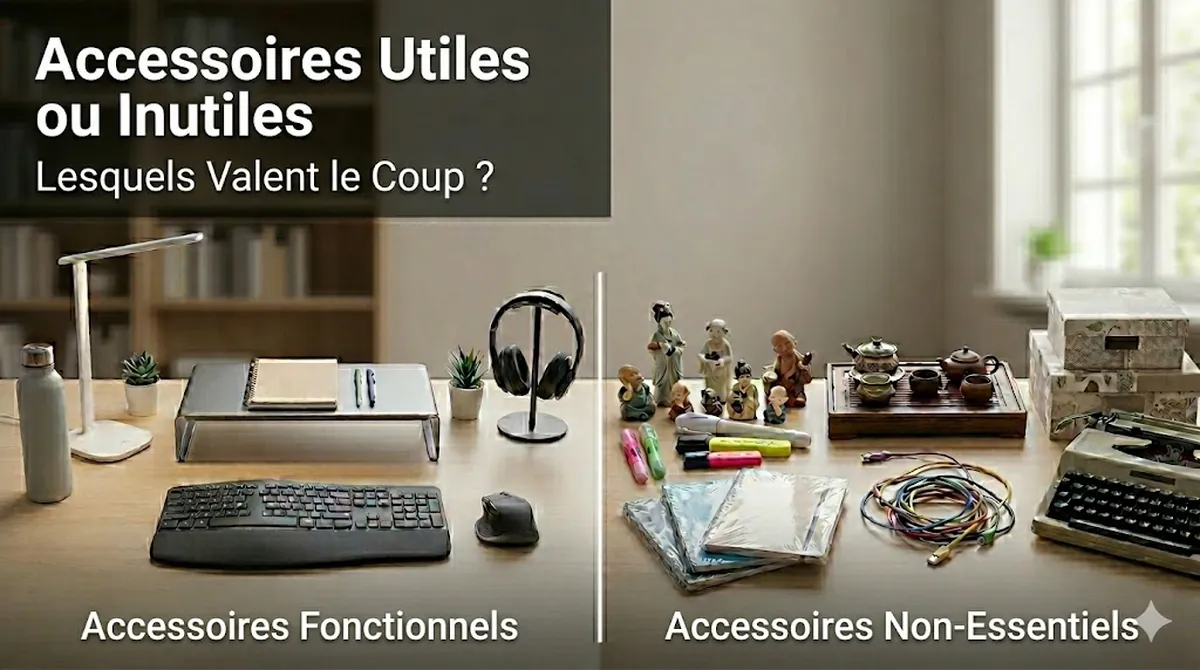 Comparaison d’accessoires utiles et inutiles pour bureau d’étude sur un bureau bien rangé