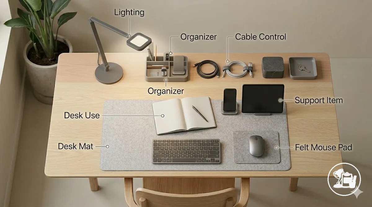 Ilustração mostrando acessórios minimalistas essenciais para mesa incluindo iluminação compacta, pequeno organizador, controle básico de cabos, apoio simples e um item de suporte, destacando sua função e benefício
